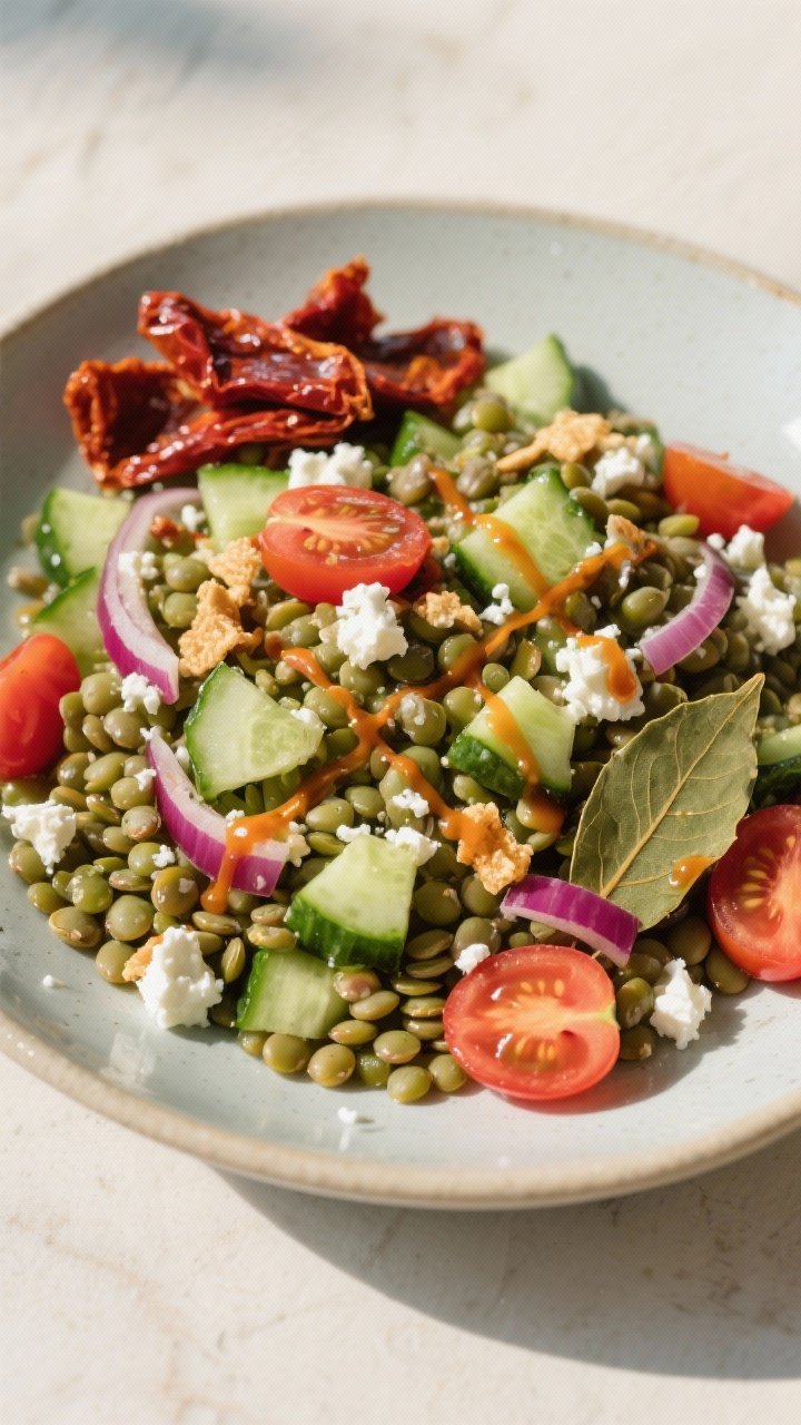 Overhead Mediterranean Lentil and Feta Crunch Salad: tender green/French lentils cooked with bay leaf and salt, cooled and tossed with diced English cucumber, halved cherry tomatoes, red onion slivers, crumbled feta, and crunchy elements; sun-dried tomato vinaigrette drizzled in a crosshatch; served in a wide shallow bowl with extra feta and sun-dried tomatoes on the side; bright, punchy colors and crisp shadows.