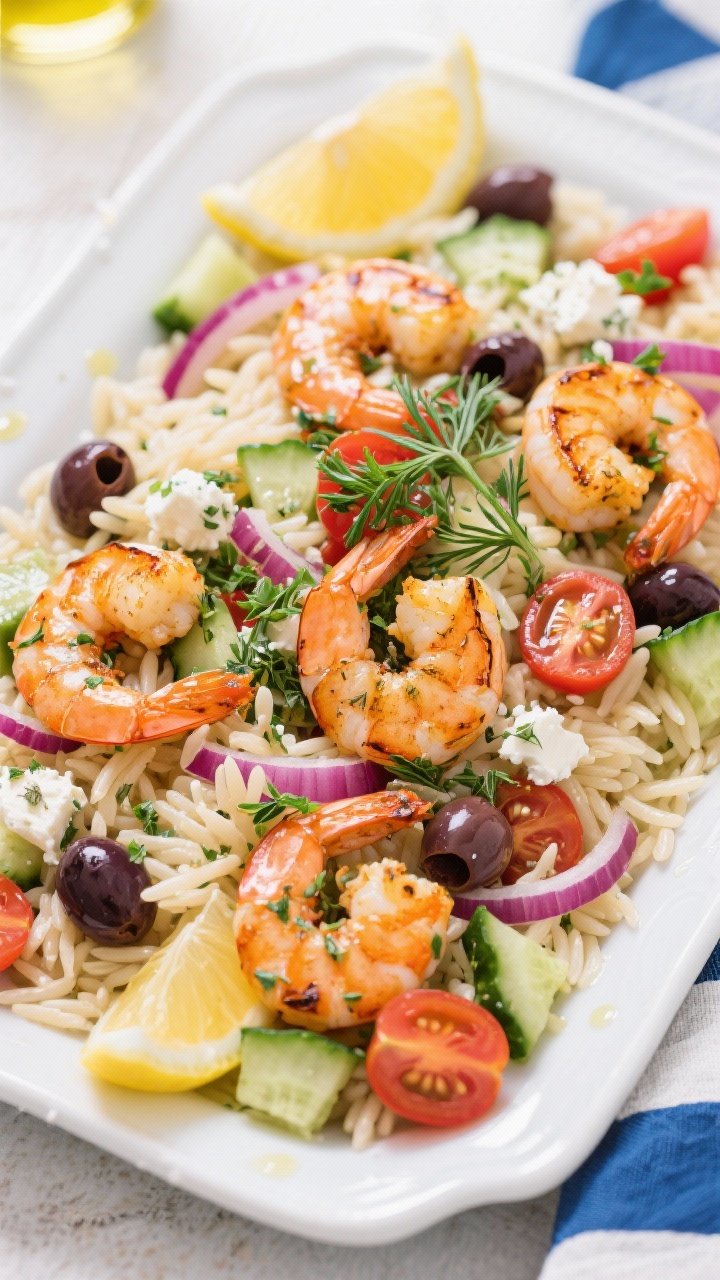 Overhead Mediterranean platter of Big Fat Greek Orzo Salad with Lemon-Herb Shrimp: tender orzo tossed with halved cherry tomatoes, diced cucumber, sliced red onion, Kalamata olives, and feta; lemon-herb shrimp (olive oil, dried oregano, salt, pepper) charred and curled on top; fresh dill and parsley sprinkled; lemon wedges and extra-virgin olive oil drizzle; bright Aegean vibe on a white ceramic tray.