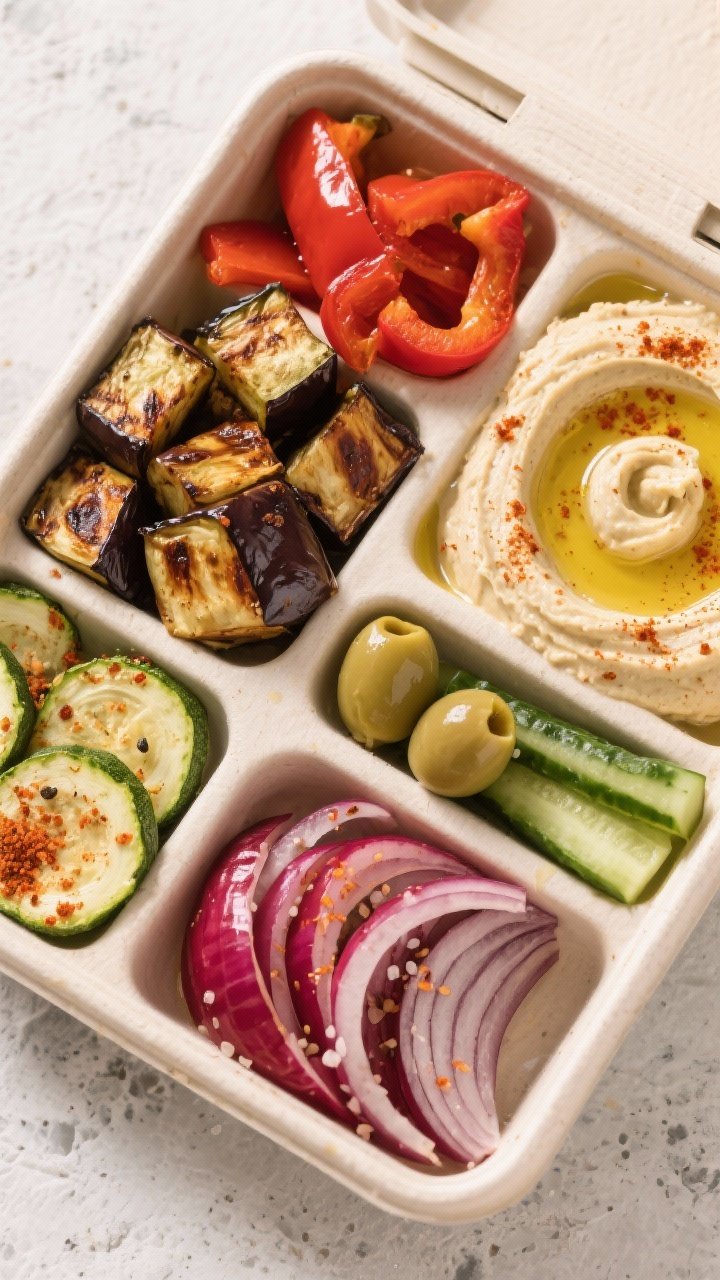 Overhead mezze-style lunch box layout for Roasted Veggie and Hummus Mezze Boxes: compartments filled with smoky roasted eggplant cubes, red bell pepper, zucchini half-moons, and thick red onion slices seasoned with olive oil, smoked paprika, cumin, and kosher salt; a generous swirl of creamy hummus topped with olive oil and paprika; plus a few olives and cucumber spears. Clean bento box on a light stone surface, crisp edges, vibrant veggie colors, minimal props.