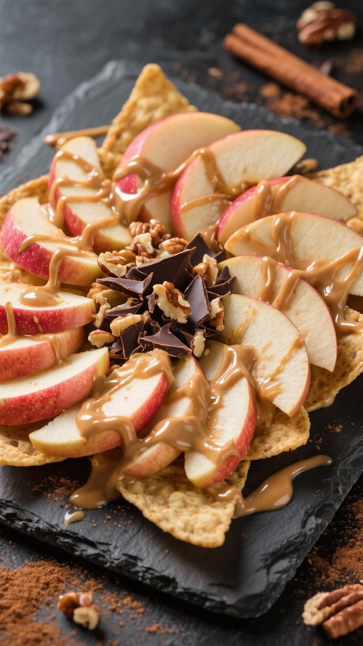 Overhead “nacho” platter of spiced apple slices: thin wedges of a crisp Honeycrisp or Pink Lady fanned out on a slate board, drizzled with warmed natural peanut butter and a delicate thread of honey or maple syrup. Dust with ground cinnamon, and scatter a tablespoon of chopped nuts or dark chocolate shavings for texture. Vibrant, snacky mood with high contrast and bright highlights on the glossy drizzle.
