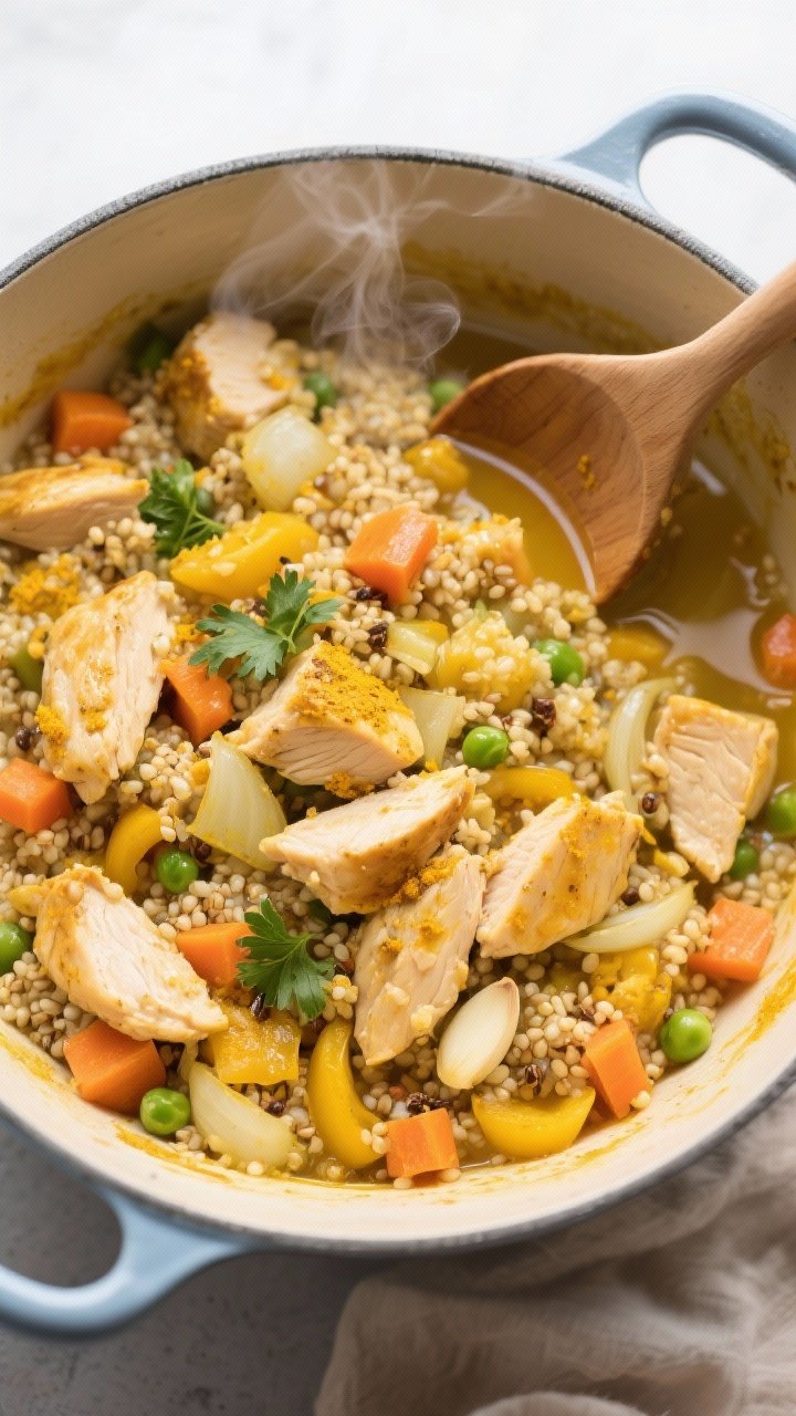 Overhead one-pot Turmeric Chicken and Veggie Quinoa: enamel pot filled with diced chicken breasts sautéed with olive oil, onion, garlic, ground turmeric, cumin; quinoa simmered in low-sodium chicken broth until fluffy; visible pops of diced vegetables (carrot, bell pepper, peas) and fresh parsley; golden hue from turmeric, light steam rising; wooden spoon resting on rim, cozy weeknight vibe.