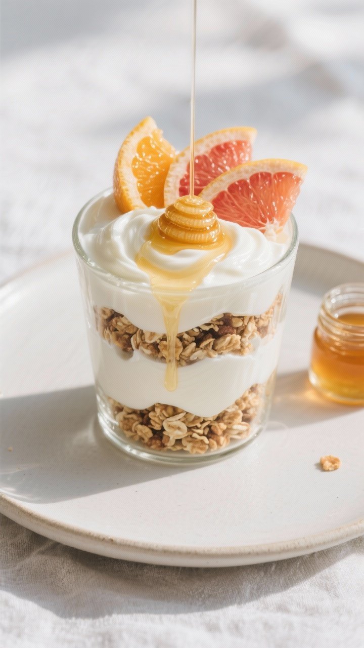Overhead plated presentation of a creamy Greek yogurt parfait with honeyed granola and citrus: thick plain Greek yogurt swirled with a touch of vanilla extract in a clear glass, layered with crunchy granola; segments of citrus (mix of orange and grapefruit) fanned on top, glistening; a delicate drizzle of honey cascading down the layers, extra honey in a tiny jar to the side; minimalist ceramic plate under the glass on a light linen, bright morning tones and crisp styling.