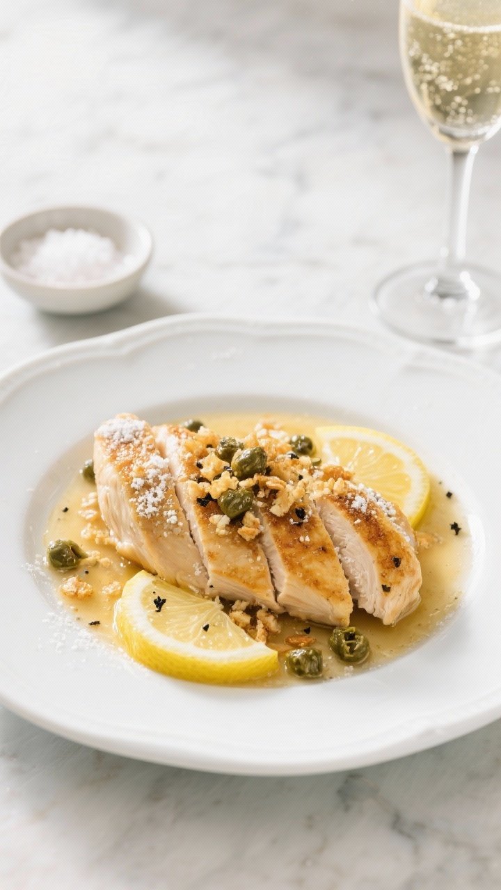 Overhead plated shot: Champagne Lemon Chicken with crispy capers. Golden seared boneless, skinless chicken breasts pounded to 1/2-inch, lightly dusted in all-purpose flour, finished with a glossy champagne-lemon pan sauce and shower of crunchy fried capers. Garnish with thin lemon wheels and cracked black pepper on a white ceramic plate over a light marble surface; a small pinch bowl of kosher salt and a flute of bubbly in the background. Bright, airy lighting, crisp highlights on the sauce, professional styling.