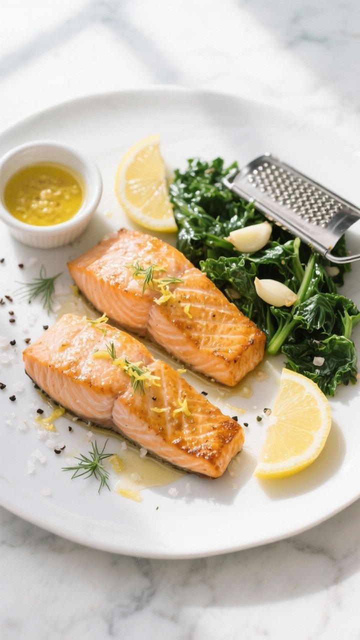 Overhead plated shot: Two skin-on salmon fillets seared golden and glazed with lemon zest, lemon juice, Dijon, olive oil, and a touch of honey, served on a matte white plate with garlicky sautéed greens (wilted kale/spinach with minced garlic and a drizzle of extra-virgin olive oil). Thin lemon slices and fresh dill sprinkle, cracked black pepper, sea salt flakes visible. Light, spa-like styling on a pale marble surface with a small ramekin of lemon-Dijon dressing and a zester in frame, bright natural window light, clean and refreshing mood.
