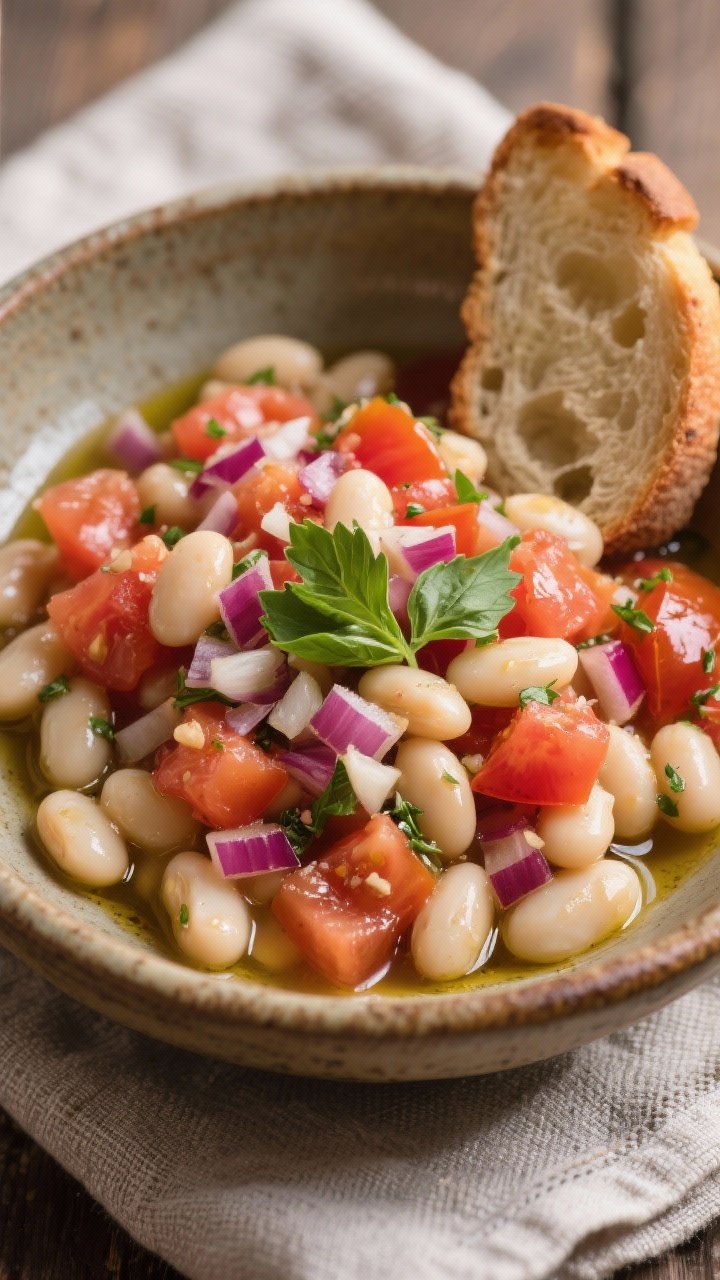 Overhead rustic bowl shot of “bruschetta-in-a-bowl”: cannellini white beans tossed with diced tomato, finely chopped red onion, and freshly grated/minced garlic; glossy olive oil sheen implied from the mix, optional basil or parsley garnish; served with toasted bread slices on the side for scooping; colors pop against an earthy ceramic bowl on a linen napkin, emphasizing hearty Mediterranean textures.