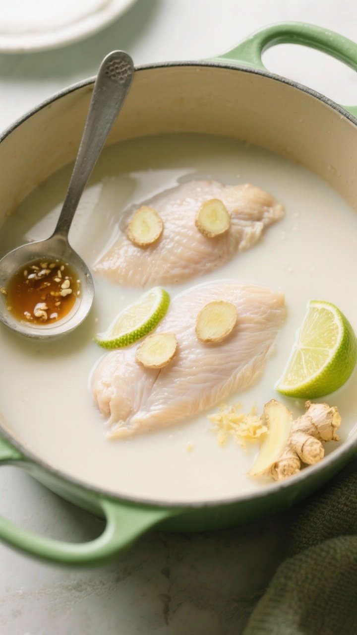 Overhead saucepan ingredient shot (poaching stage): chicken breasts gently poaching in silky unsweetened coconut milk with floating thin coins of fresh ginger, a squeeze of fresh lime juice, and a measured spoon of fish sauce; pale, creamy broth with subtle sheen, lime half and grated ginger on the side; serene, spa-like styling with soft daylight and green accents.