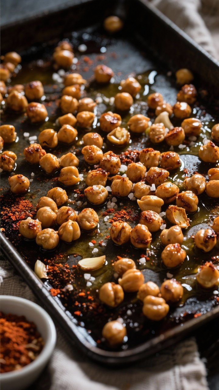 Overhead sheet-pan action shot of roasted chickpeas: chickpeas spread on a dark metal pan, glistening with olive oil and seasoned with fine sea salt, smoked paprika, garlic powder, ground cumin, and a hint of cayenne; some chickpeas slightly cracked and browned for crunch, a small bowl of the spice blend in frame, oven-hot warmth suggested with a linen at the edge, dramatic contrast and crisp shadows.