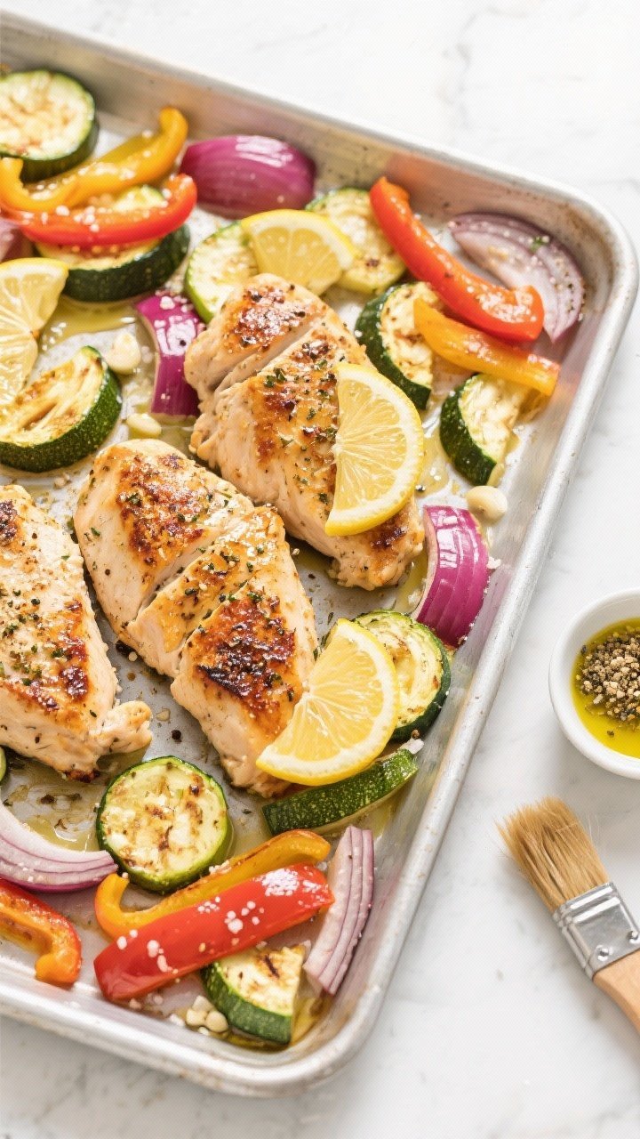 Overhead sheet-pan dinner scene: lemon pepper chicken breasts on a rimmed baking sheet surrounded by roasted veggies—zucchini half-moons, colorful bell pepper strips, and red onion wedges—tossed with olive oil, sea salt, garlic powder, and sugar-free lemon pepper seasoning; caramelized edges, lemon slices tucked between pieces, a small dish of seasoning and a brush with olive oil on the side; clean, bright look that says set it and forget it.