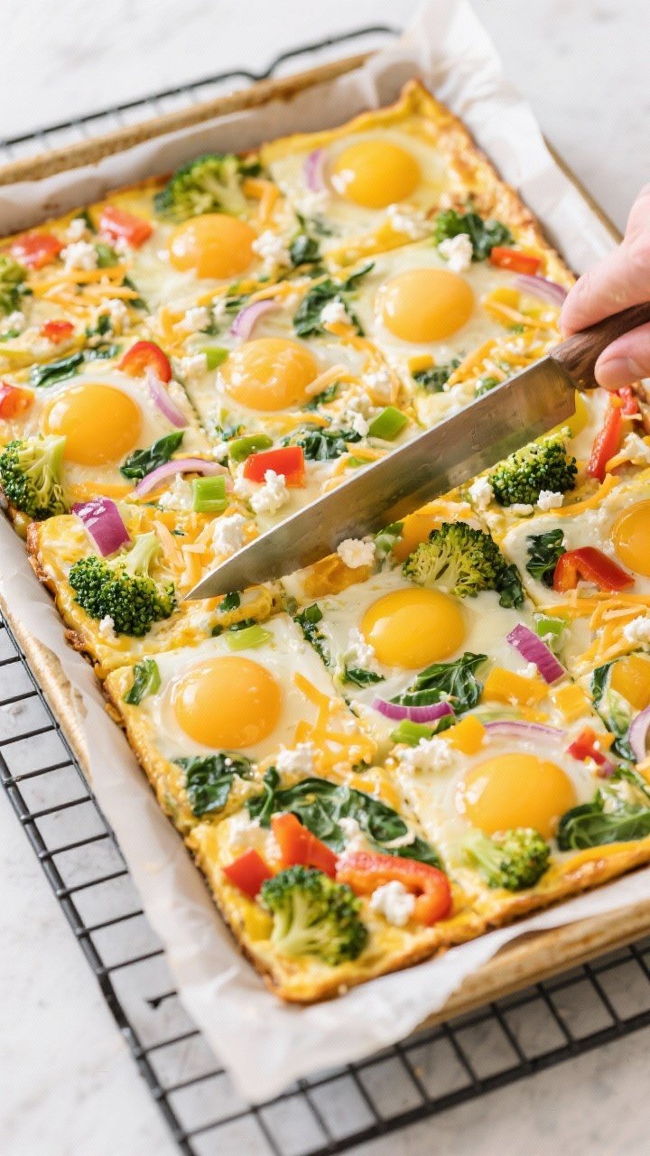 Overhead sheet-pan process shot for Veggie Frittata Squares: a parchment-lined sheet pan filled edge-to-edge with a vibrant egg mixture—12 eggs plus egg whites, whipped with cottage cheese and shredded cheese—strewn with chopped colorful vegetables (broccoli, bell peppers, spinach, onions); golden edges just set, knife cutting clean squares, a cooling rack underneath, bright kitchen light for a meal-prep vibe.