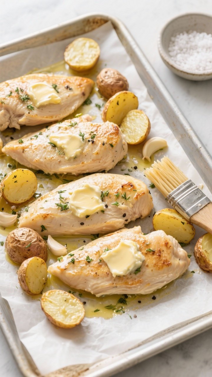 Overhead sheet-pan scene: Garlic-Herb Butter Chicken with Crispy Potatoes. Evenly pounded chicken breasts nestled among halved baby gold potatoes, both tossed in olive oil, kosher salt, black pepper, and melted garlic-herb butter. Potatoes deeply golden and craggy, chicken glistening with butter and flecks of herbs. Minimalist styling on a parchment-lined tray; a small dish of flaky salt and a butter-brushed basting brush off to the side. Clean, natural light for crisp textures.