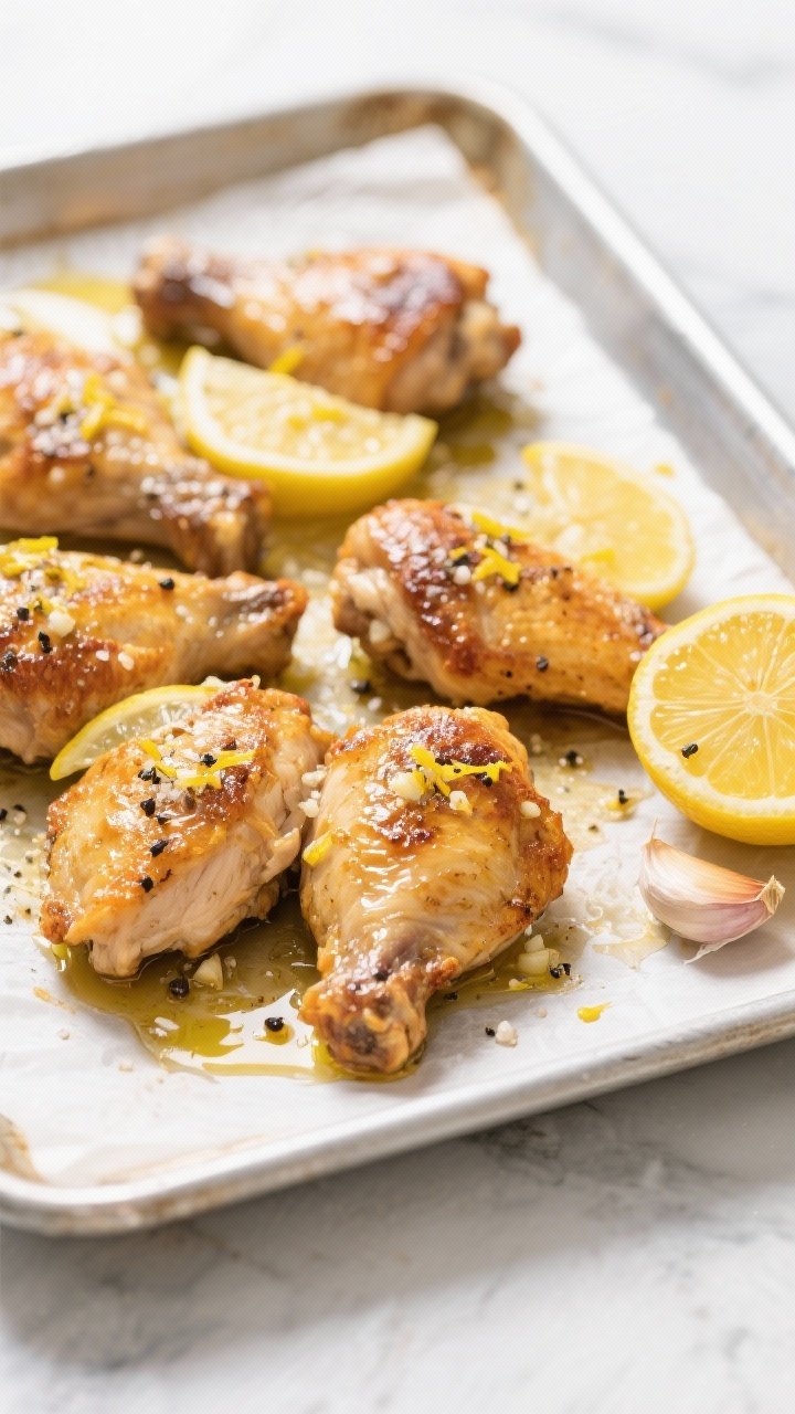 Overhead sheet-pan scene: golden, crispy boneless skinless chicken thighs roasted with lemon wedges, glistening from olive oil, speckled with lemon zest and minced garlic, sprinkled with kosher salt and cracked black pepper; caramelized edges and rendered juices pooling on a parchment-lined metal pan, a halved zested lemon and garlic cloves off to the side; bright, clean light for a crisp, zesty mood.