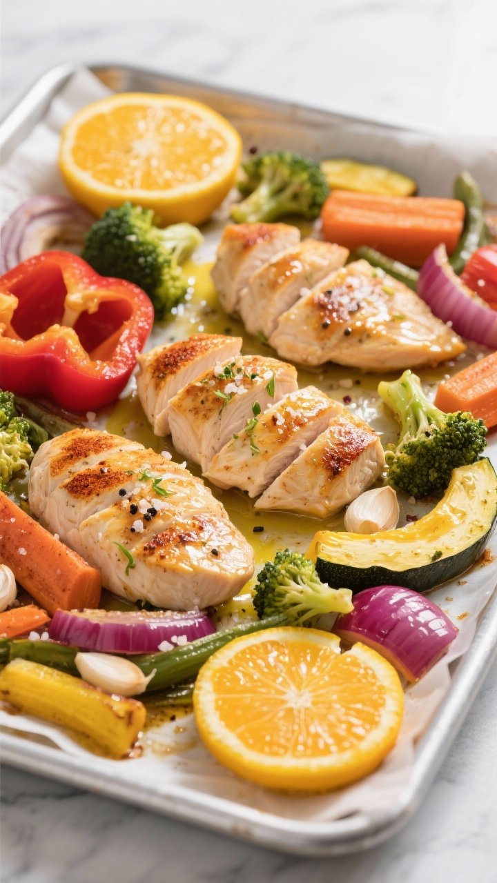 Overhead sheet-pan scene of Citrus-Garlic Sheet Pan Chicken with Rainbow Veggies: sliced boneless skinless chicken breast cutlets marinated in olive oil, lemon zest and juice, orange juice, minced garlic, smoked paprika, and dried herbs, nestled among colorful vegetables (red bell peppers, broccoli, red onion, yellow squash, carrots) on a parchment-lined sheet tray; glistening citrus slices and crushed garlic visible, golden edges from roasting, sprinkled sea salt and black pepper; bright, clean lighting on a stainless surface, no people, professional styling.