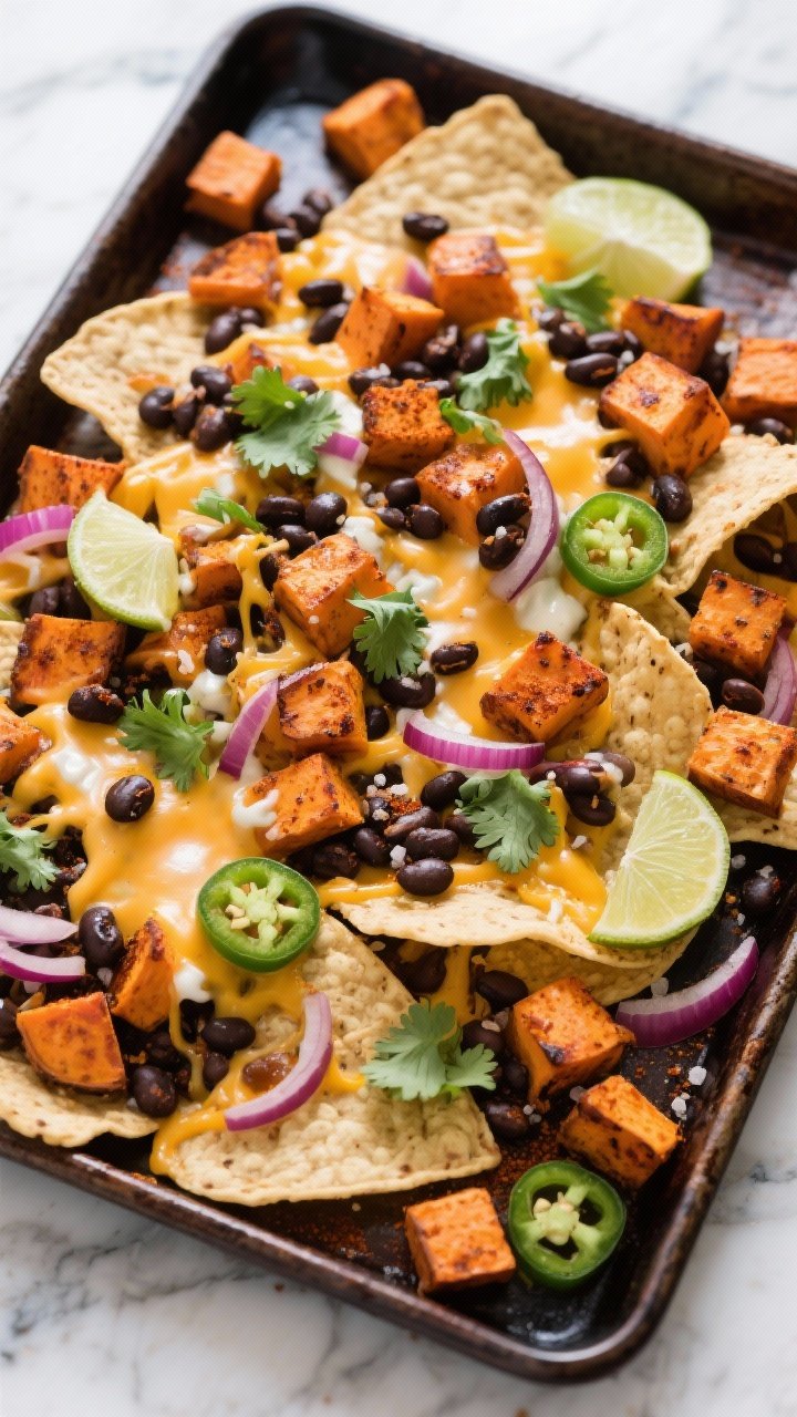 Overhead sheet-pan scene of Sweet Potato & Black Bean Nachos: roasted 1/2-inch sweet potato cubes tossed with olive oil, chili powder, cumin, smoked paprika, and salt scattered over tortilla chips with black beans; melted cheese pull, pops of red onion and jalapeño, cilantro leaves, and a drizzle of lime crema; baked-on caramelization visible on sweet potatoes, dark patina baking sheet on a marble counter, high saturation, lively game-night energy.