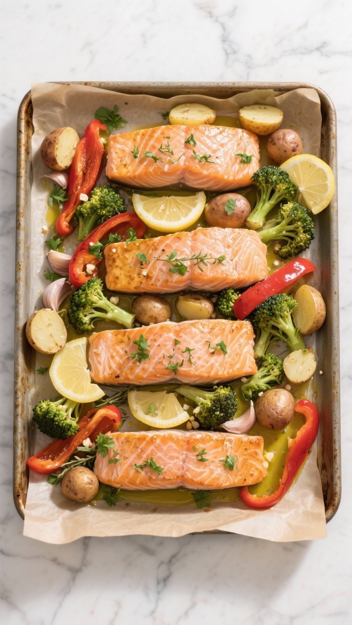 Overhead sheet-pan shot: four skin-on salmon fillets nestled among halved baby potatoes, trimmed broccolini, and sliced red bell pepper, all glistening with extra-virgin olive oil, lemon slices and zest scattered, fresh herbs (parsley and thyme) sprinkled, garlic flecks visible on the vegetables; roasted edges caramelized, set on a parchment-lined rimmed pan over a light marble surface, natural daylight, crisp, vibrant colors.