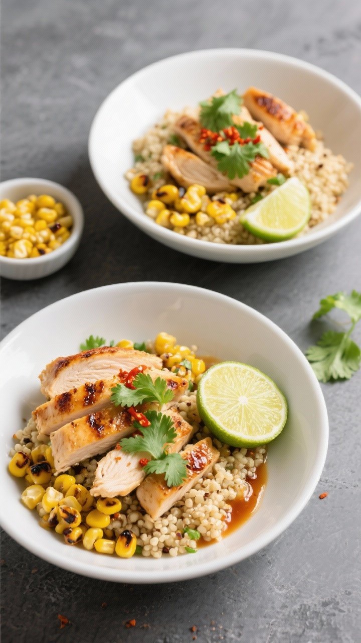 Overhead shot: Chili-lime chicken bowls assembled in wide white bowls — juicy seared chicken breast strips with light char, fluffy quinoa cooked in chicken broth, charred corn kernels, lime wedges, and a sprinkle of chili flakes. Garnish with chopped cilantro and a glossy chili-lime drizzle. Set on a matte slate surface with a small bowl of corn and a halved lime nearby, bright, punchy colors, crisp textures, no people.