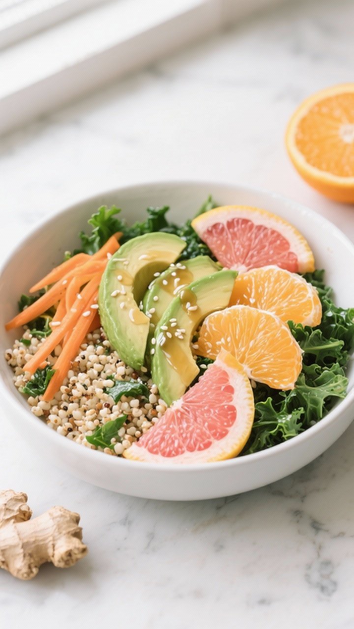 Overhead shot of a Citrus-Ginger Glow Bowl: a wide white ceramic bowl filled with cooled fluffy quinoa, chopped curly kale massaged and vibrant, fanned ripe avocado slices, segmented orange and pink grapefruit with their juices glistening, thin ribbons of carrot, and a sprinkle of toasted sesame; drizzle of citrus-ginger dressing pooling lightly, bright, fresh, detox mood on a light marble surface, soft natural window light, minimal props like a halved orange and a nub of ginger nearby, crisp textures and saturated citrus colors.