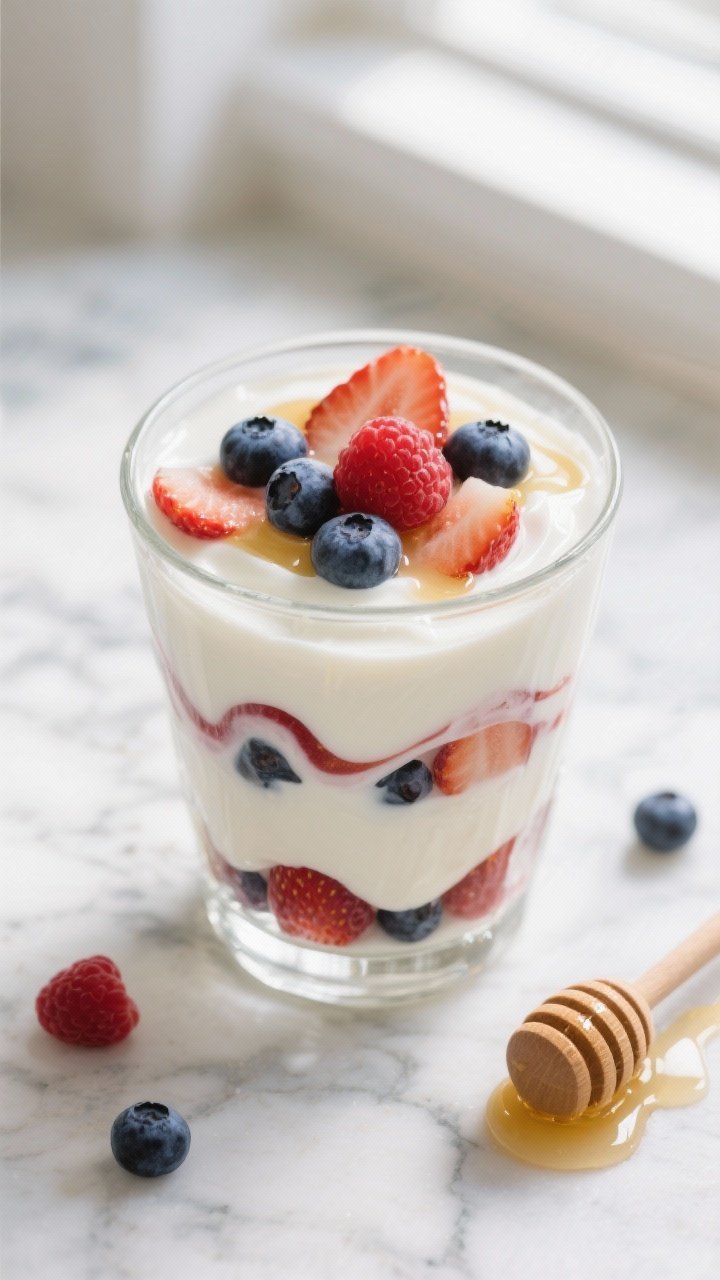 Overhead shot of a creamy berry swirl yogurt parfait layered in a clear glass: 3/4 cup plain Greek yogurt (2% or whole), ribbons of mixed berries (blueberries, raspberries, sliced strawberries) gently swirled into the yogurt, a light drizzle of pure honey, garnished with a few whole berries on top; styled on a cool marble surface with a small honey dipper and scattered berry juices, bright natural window light, crisp, clean, dessert-like mood.
