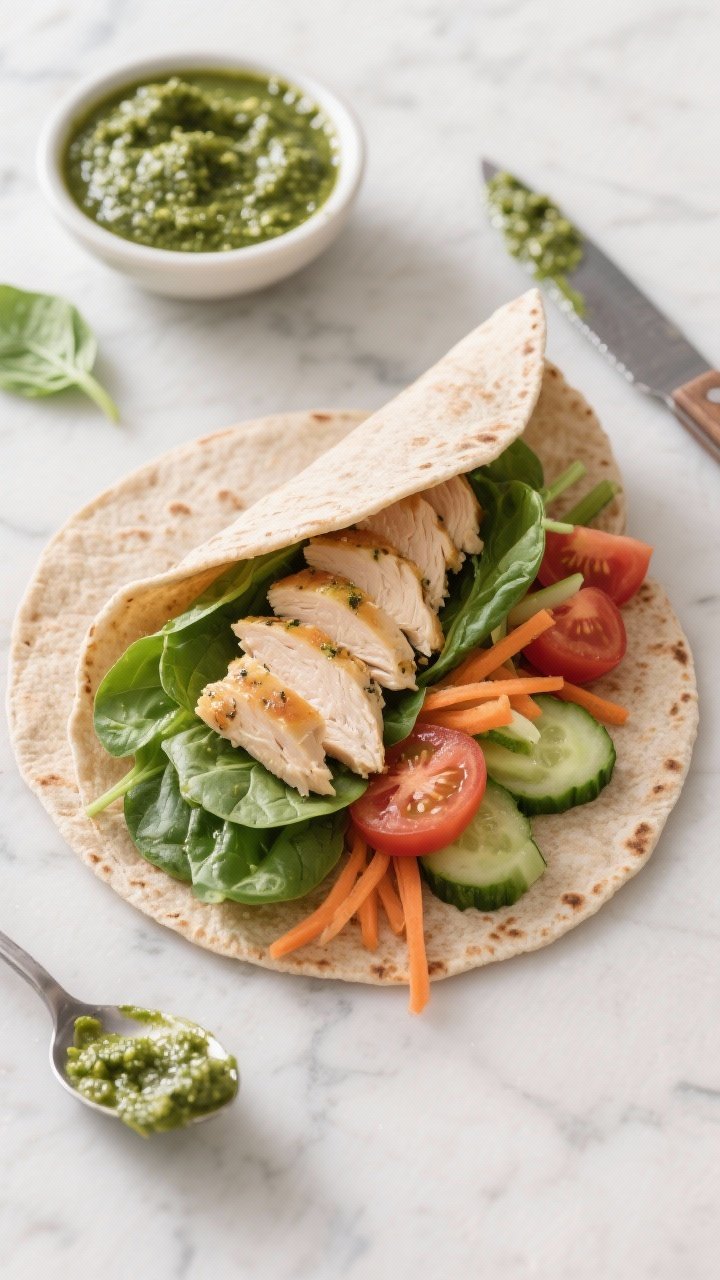 Overhead shot of a freshly assembled Power Pesto Chicken Wrap being rolled: whole-wheat tortillas spread with glossy basil pesto, layered with sliced cooked chicken breast, baby spinach, shredded carrots, and thinly sliced cucumber and tomato for crunchy greens; tight composition on a light marble surface with a small bowl of pesto, a spoon with pesto smears, and a sharp knife; vibrant green pesto against warm tortilla tones, clean natural daylight, no people, appetizing textures of juicy chicken and crisp vegetables.