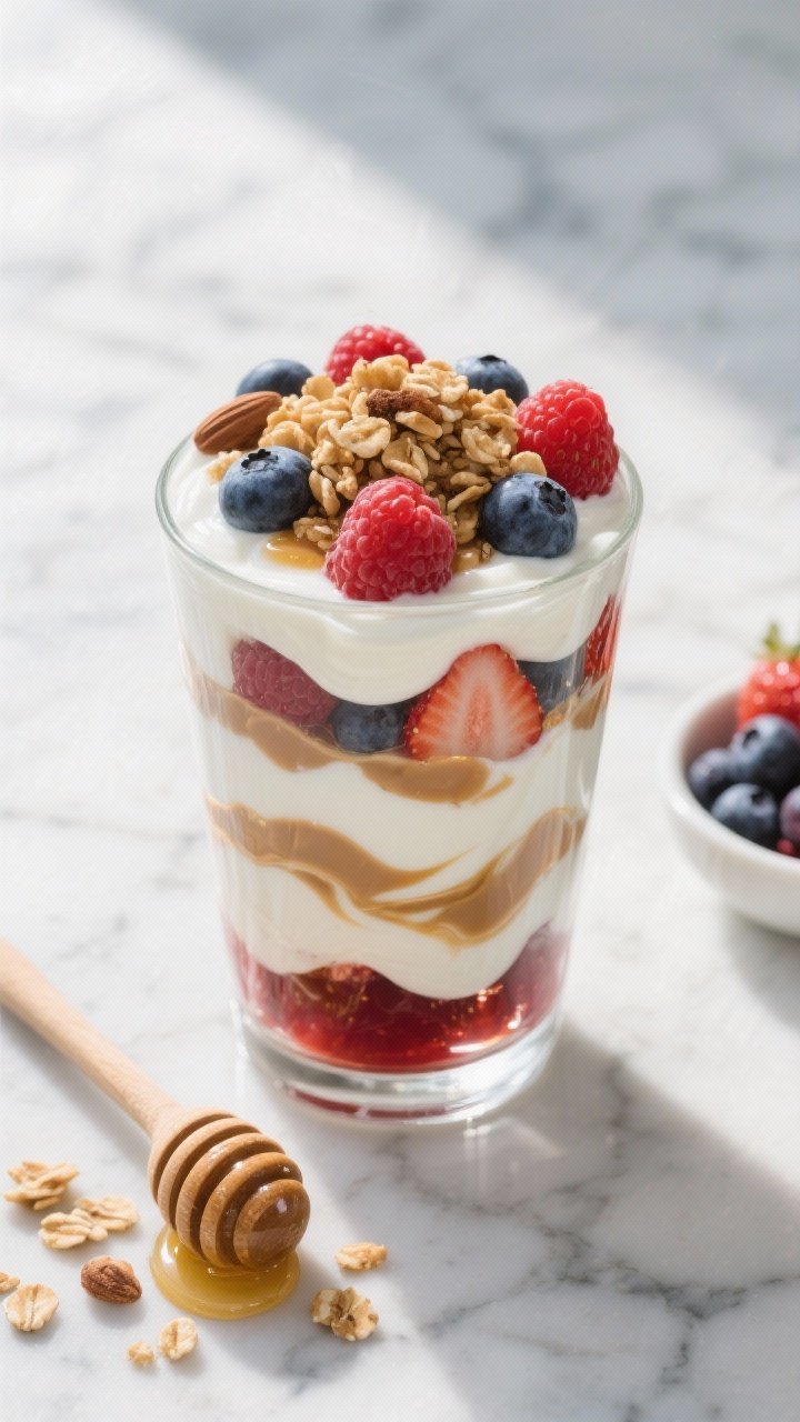 Overhead shot of a layered Greek yogurt parfait in a clear tumbler: thick swirls of plain Greek yogurt, a juicy mix of fresh raspberries, blueberries, and strawberries, a glossy ribbon of honey, dollops of almond or peanut butter marbled through, and a crown of low-sugar granola for crunch; styled on a cool marble surface with a honey dipper, scattered granola, and a small bowl of mixed berries; bright morning light, crisp focus on creamy textures and berry juices.