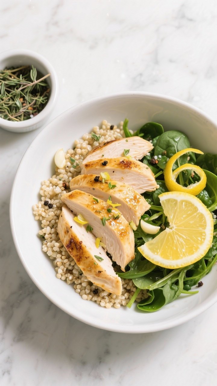 Overhead shot of a Lemon-Garlic Chicken Power Bowl: thinly sliced boneless skinless chicken breast seared to golden edges, drizzled with lemon juice and zest, minced garlic, dried oregano, kosher salt, and black pepper; served over fluffy quinoa with a bed of mixed greens and baby spinach. Bright lemon slices and zest curls, a glossy olive oil sheen, and a sprinkle of cracked pepper. Styled in a wide white ceramic bowl on a light marble surface with a small ramekin of oregano and a cut lemon; crisp, high-contrast lighting to emphasize freshness.