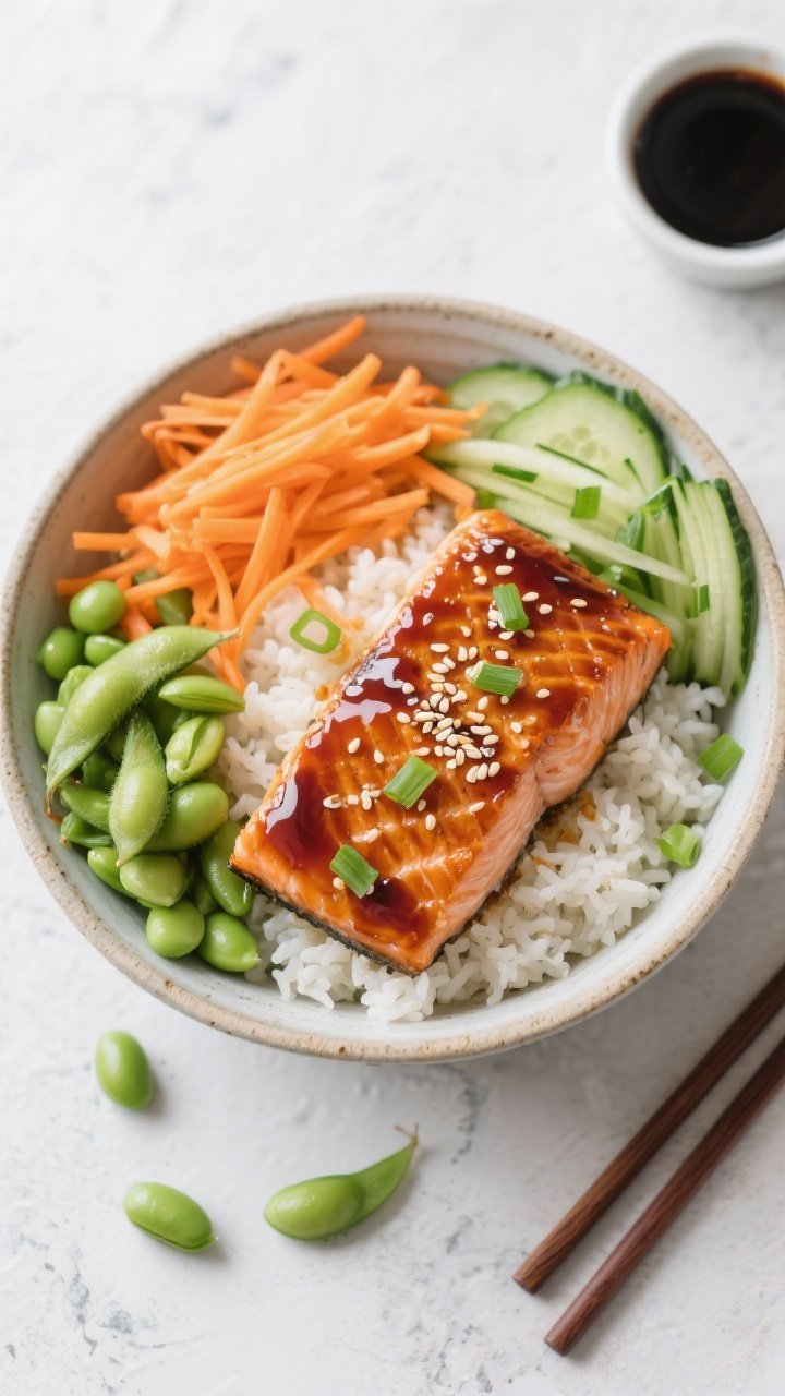 Overhead shot of a Lightning-Quick Teriyaki Salmon Rice Bowl: glossy skin-on salmon fillet brushed with teriyaki glaze over warm jasmine rice, surrounded by neat piles of thawed edamame, shredded carrots, thinly sliced cucumber, and sliced green onion; sprinkled with sesame seeds. Serve in a shallow ceramic bowl on a light stone surface, with a small dish of teriyaki sauce and chopsticks nearby. Bright, clean lighting to emphasize the contrast of orange carrots, green edamame/cucumber, and lacquered salmon.