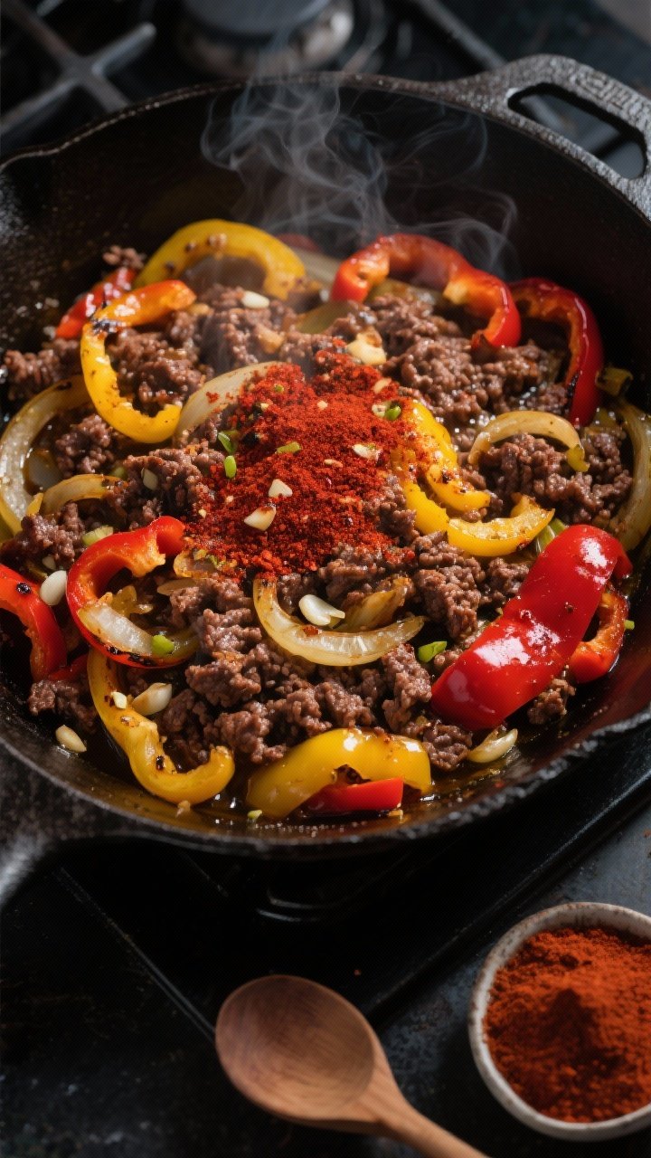 Overhead shot of a one-pan smoky beef and pepper skillet on a dark cast-iron pan: browned 85–90% lean ground beef mingling with thinly sliced yellow onion and red and yellow bell peppers, glistening with olive oil, flecks of minced garlic, and a generous dusting of deep-red smoked paprika. Steam curls up, charred edges on peppers, served on a matte black stovetop with a wooden spoon and a small bowl of smoked paprika nearby. Moody, high-contrast lighting to emphasize the smoky, weeknight-saver vibe.