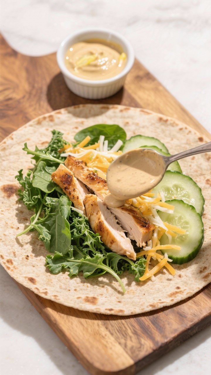 Overhead shot of a Power Greens Chicken Wrap being assembled on a wooden board: a 10-inch whole-wheat tortilla topped with a bed of mixed greens (baby spinach, arugula, kale), shredded rotisserie chicken, thinly sliced cucumber, shredded cheese, and a small ramekin of lemon-tahini drizzle ready to pour. Bright, fresh, gym-friendly vibe; crisp textures of greens and cucumber, golden-brown tortilla, creamy tahini in a drizzle spoon. Natural daylight, clean minimal styling, no people.