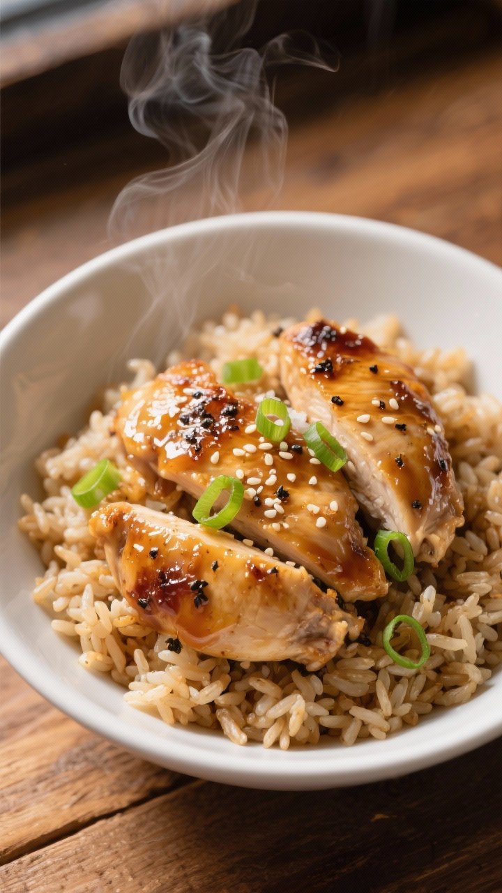 Overhead shot of a Speedy Honey-Garlic Chicken Rice Bowl: fluffy jasmine or brown rice in a wide white bowl topped with glossy bite-size chicken thighs seared in olive oil, coated in a honey-garlic glaze, sprinkled with coarse black pepper and flaky salt; steam rising, sesame seeds and a few sliced scallions as garnish, minimal props, set on a warm wood surface for a cozy post-gym vibe, high contrast, natural window light, shallow shadows, no people.