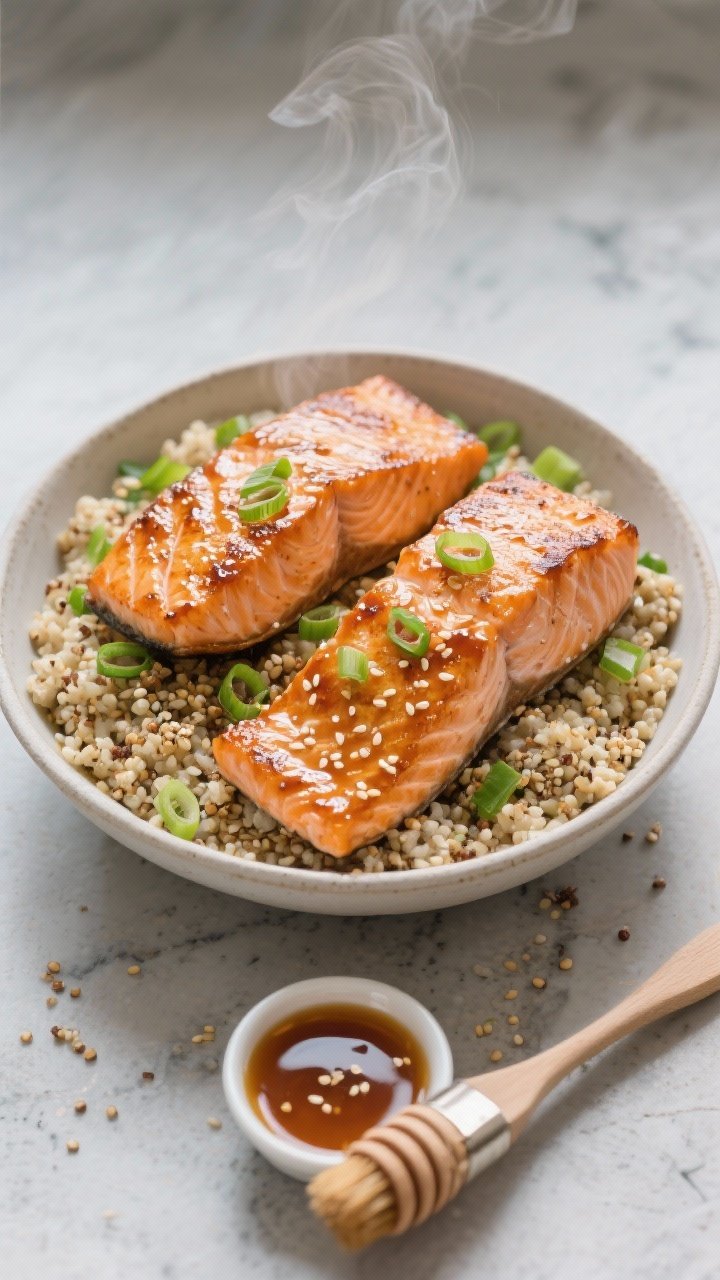 Overhead shot of a Speedy Honey-Garlic Salmon Bowl: two seared salmon fillets, skin-on and lacquered with a glossy honey-garlic glaze, flake texture visible; served over fluffy quinoa cooked in low-sodium broth with a crunchy toasted quinoa sprinkle; garnished with thinly sliced green onions and sesame seeds; a small ramekin of honey-garlic sauce and a brush with glaze nearby; styled on a light stone surface with a subtle steam wisp, professional lighting emphasizing the caramelization on the salmon.