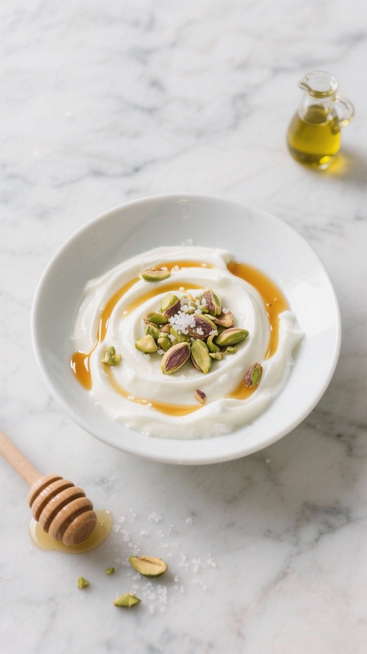 Overhead shot of a thick, 2%–full-fat plain Greek yogurt swirl in a shallow white bowl, glossy extra-virgin olive oil drizzled in thin ribbons, amber honey pooling and streaking, topped with chopped pistachios and a light sprinkle of sea salt; textures of creamy yogurt, crunchy nuts, and shiny oil highlighted on a cool marble surface with a small honey dipper and a tiny olive oil cruet nearby; bright, Mediterranean mood, no people, professional studio lighting.