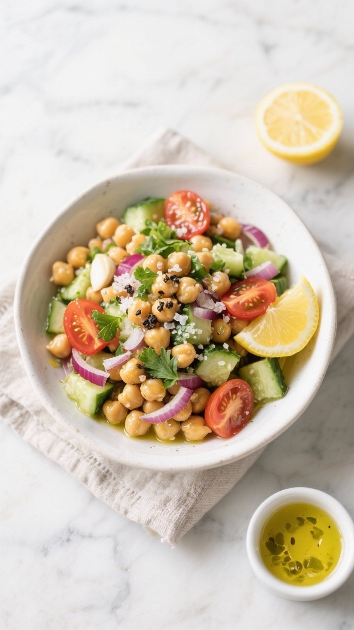 Overhead shot of a vibrant lemon-garlic chickpea salad in a wide white ceramic bowl: plump chickpeas glistening with extra-virgin olive oil and lemon, diced cucumber, halved cherry tomatoes, finely chopped red onion, chopped fresh parsley, coarse black pepper, and flaky sea salt. A small ramekin of lemon-garlic dressing and a cut lemon on the side, styled on a light marble surface with a linen napkin. Crisp textures, bright Mediterranean colors, natural daylight, no people.