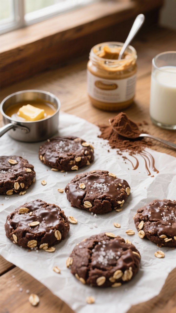 Overhead shot of Classic Chocolate Peanut Butter Oat Cookies cooling on parchment: glossy chocolate-peanut butter cookies with visible quick oats and a few coarse sugar crystals, rich cocoa color and slightly craggy texture, small saucepan with melted unsalted butter, cocoa powder, and whole milk streaks in the background, a jar of creamy peanut butter open with a spoon, styled on a warm wooden surface, soft window light, shallow depth to emphasize the fudgy sheen.