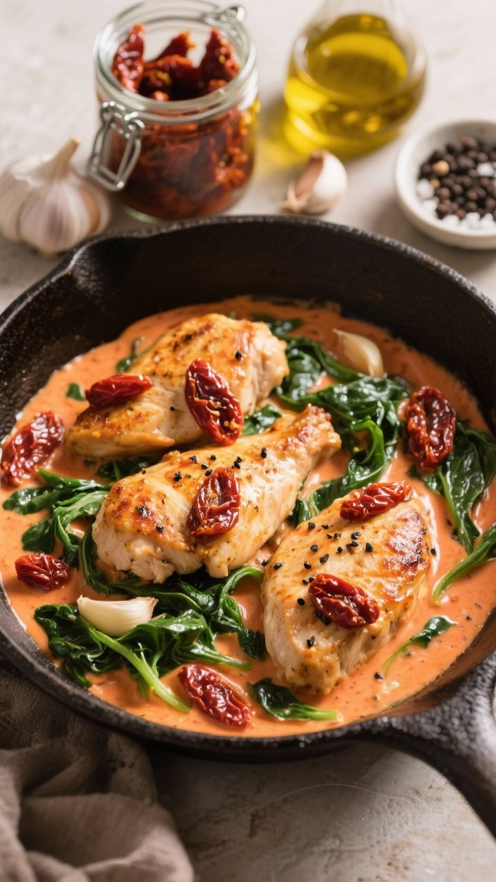 Overhead shot of Creamy Sun-Dried Tomato Skillet Chicken: tender chicken cutlets nestled in a rich Tuscan-style cream sauce swirled with chopped sun-dried tomatoes and wilted spinach, garlic visible, finished with a crack of black pepper. Use a cast-iron skillet; slight orange-red hue from sun-dried tomato oil, glossy sauce texture. Ingredients styled around: a jar of sun-dried tomatoes in oil, garlic cloves, olive oil, kosher salt, and a small dish of black pepper. Warm, cozy mood.
