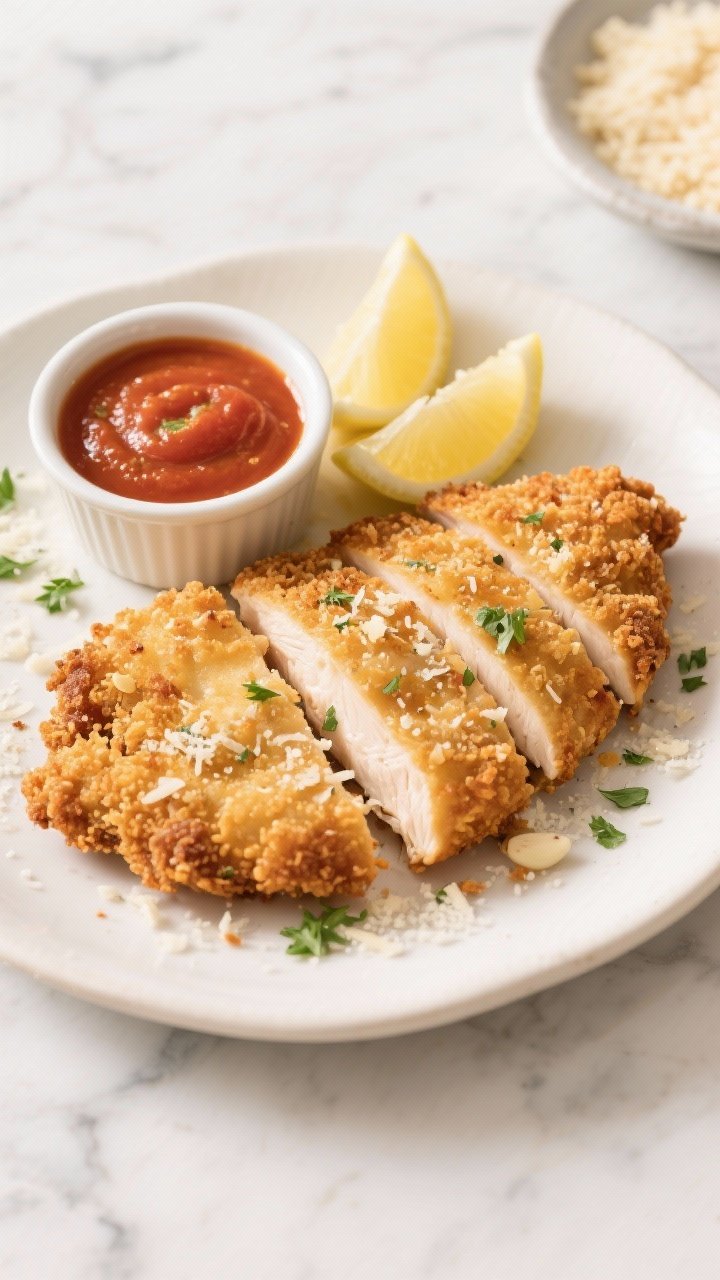 Overhead shot of crispy Parmesan chicken cutlets just fried to golden perfection, panko-Parmesan crust visibly craggy with flecks of garlic powder and Italian seasoning, served on a warm white platter with lemon wedges and a small ramekin of marinara; halved boneless skinless chicken breasts sliced to show juicy interior, sprinkled with extra finely grated Parmesan and parsley, styled on a marble surface with a small bowl of panko and cheese in frame, bright Italian bistro mood.