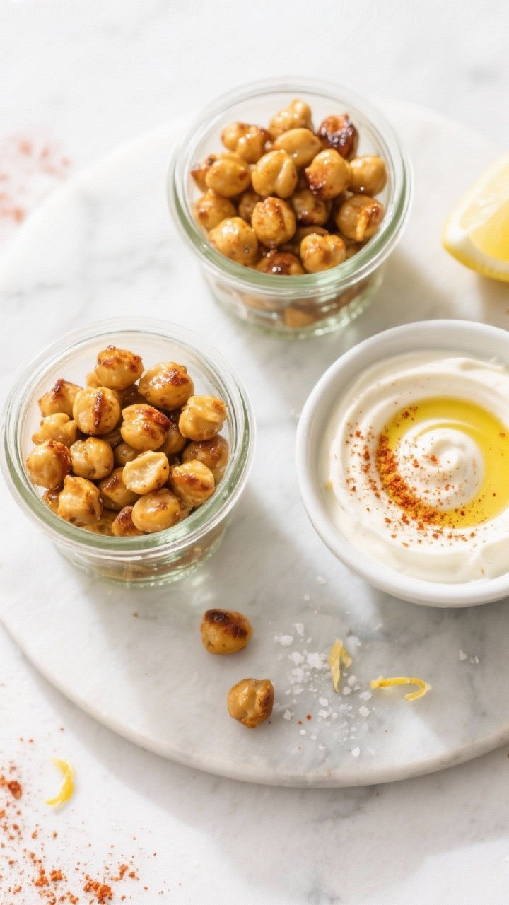 Overhead shot of crispy roasted chickpeas poured into small glass snack jars, with a side bowl of zesty yogurt dip swirled with smoked paprika, cumin, garlic powder, and a sprinkle of fine sea salt; chickpeas look golden and blistered, a drizzle of olive oil glistening; styled on a cool marble surface with scattered paprika dust and lemon zest, clean minimal props, bright natural light for crunchy texture.