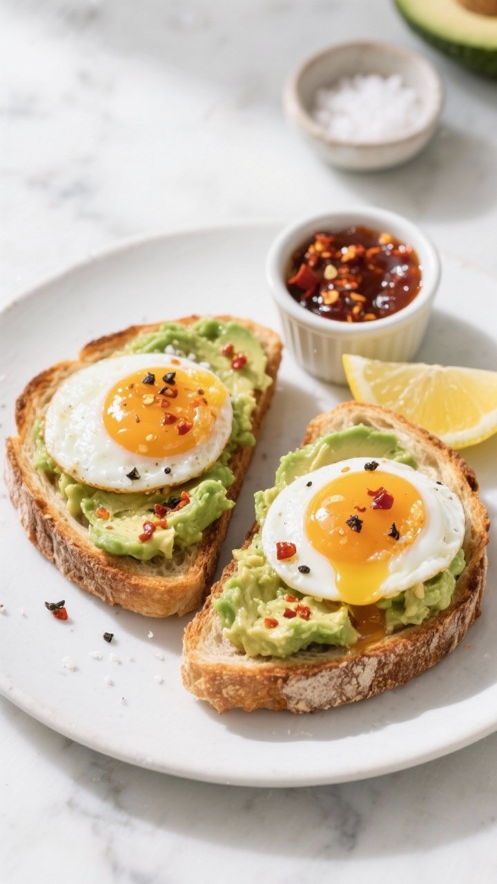 Overhead shot of crispy sourdough avocado toast with jammy eggs and chili crisp: two toasted sourdough slices on a matte white plate, each topped with mashed ripe avocado mixed with lemon juice, kosher salt, and black pepper; halved jammy eggs with glossy, set whites and runny centers nestled on top, drizzled generously with chili crisp; extra chili crunch in a small ramekin, lemon wedge, pinch bowls of salt and pepper nearby; clean marble surface, natural morning light, high contrast to highlight the crunchy toast and creamy avocado.