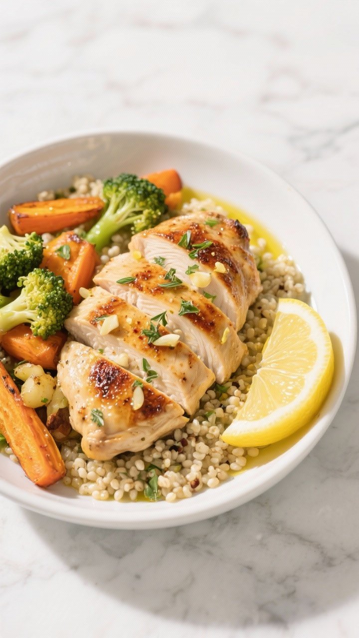 Overhead shot of Lemon-Herb Chicken Bowls: sliced grilled chicken thighs marinated in lemon juice and zest, minced garlic, dried oregano, and smoked paprika glistening with extra-virgin olive oil; nestled over fluffy quinoa with roasted mixed vegetables (think golden roasted carrots and broccoli florets), lemon wedges on the side, and a light olive oil drizzle. Bright Mediterranean styling on a white ceramic bowl over a light marble surface, clean shadows, vibrant yellows and greens, no people.