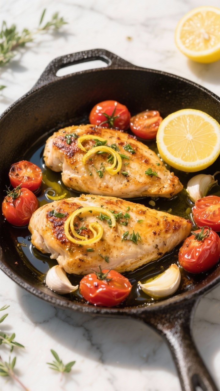 Overhead shot of Lemon-Herb Tuscan Chicken seared golden in a cast-iron skillet, surrounded by burst cherry tomatoes, lemon zest curls, and smashed garlic cloves glistening in extra-virgin olive oil; bright, sunlit marble surface with scattered fresh herbs and a halved lemon, emphasizing juicy chicken breasts, blistered tomato skins, and glossy olive oil sheen.