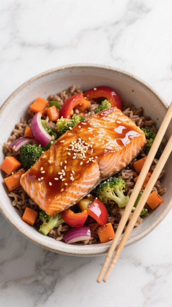 Overhead shot of Maple-Miso Salmon Bowls: lacquered salmon fillets glazed with white miso, pure maple syrup, low-sodium soy sauce, rice vinegar, and fresh grated ginger, set over roasted veggie confetti (diced carrots, bell peppers, red onion, and broccoli) in a wide ceramic bowl, glossy glaze pooling slightly, sesame seeds optional, steamed brown rice base, minimal chopsticks to the side, vibrant, clean light on a marble surface, emphasis on the amber maple sheen and caramelized edges.