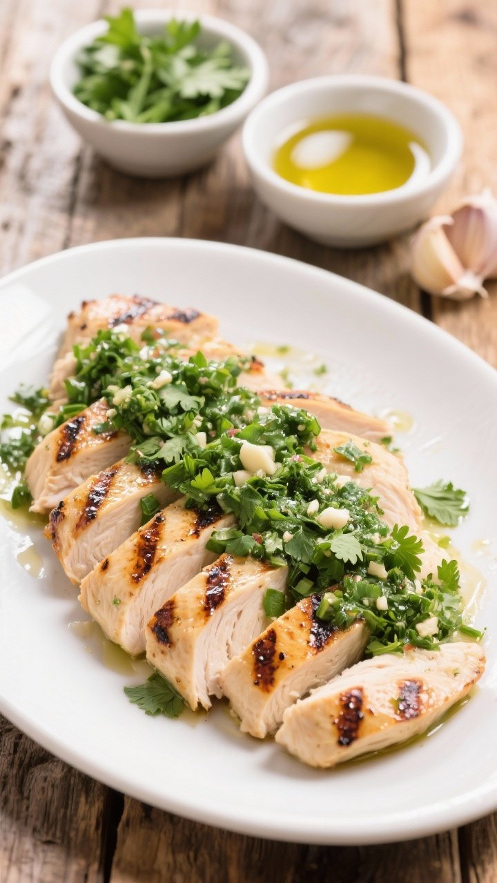 Overhead shot of zesty chimichurri grilled chicken: char-grilled boneless, skinless chicken breasts sliced and fanned on a white platter, generously spooned with vivid green chimichurri made from finely chopped fresh parsley and cilantro, minced garlic, and glossy extra-virgin olive oil; small bowls of parsley, cilantro, garlic, and olive oil nearby; rustic wood surface, bright natural light, sharp herb texture and grill marks emphasized, no people.