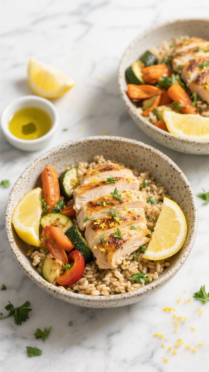 Overhead shot of Zesty Lemon-Herb Chicken Bowls: sliced grilled chicken breasts brushed with olive oil, lemon zest, and herbs over a bed of fluffy farro cooked in low-sodium chicken broth, surrounded by roasted mixed vegetables (roasted carrots, zucchini, and bell peppers), lemon wedges, and a small dish of extra virgin olive oil; bright, fresh color palette with golden browns, vibrant greens, and citrus yellow; served in speckled ceramic bowls on a light marble surface with scattered lemon zest and chopped parsley; clean, energetic post-workout vibe, crisp natural daylight, no people.