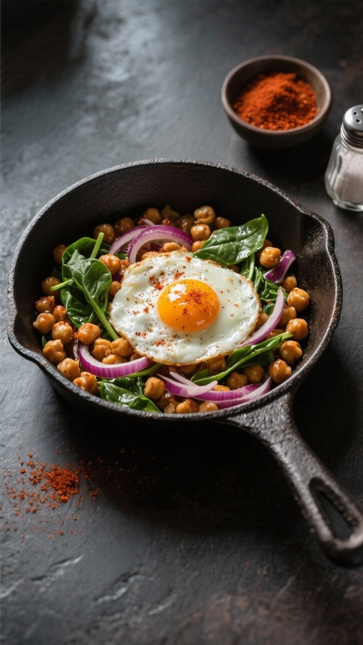Overhead skillet scene of a smoky chickpea breakfast: a small cast-iron pan filled with sautéed chickpeas dusted with smoked paprika, wilted baby spinach, and thin ribbons of soft red onion, crowned with a jammy-yolk fried egg; paprika sprinkled on the side, salt and pepper pinch bowls nearby; moody morning light with gentle shadows, emphasizing warm, smoky tones and yolk glow.