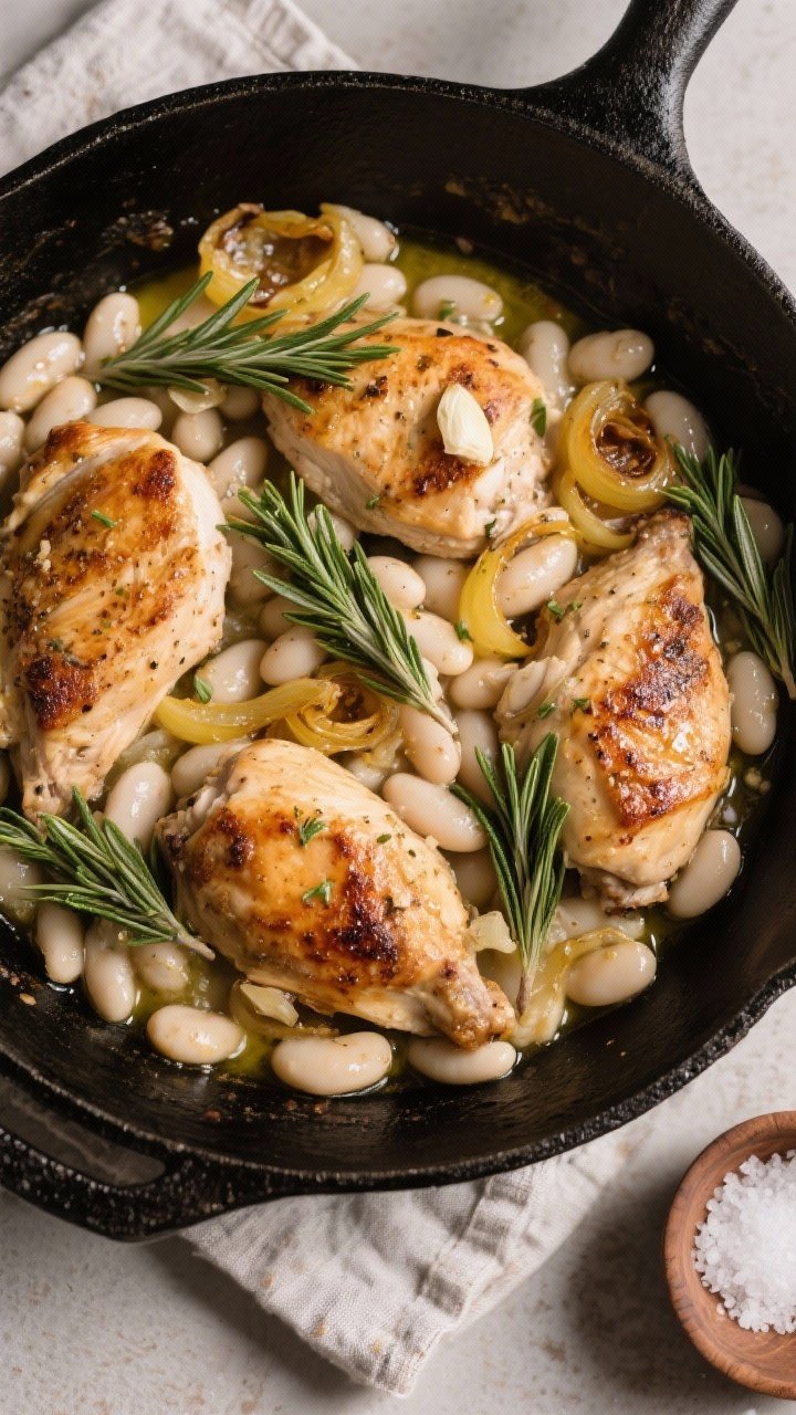 Overhead skillet scene of Tuscan Chicken with White Beans and Rosemary: chunky, well-browned chicken breast pieces nestled with creamy cannellini beans, caramelized yellow onion, and minced garlic, studded with rosemary sprigs; olive oil shimmer and light fond visible; served family-style in a black skillet on linen, with a small bowl of flaky salt nearby to highlight rustic simplicity.