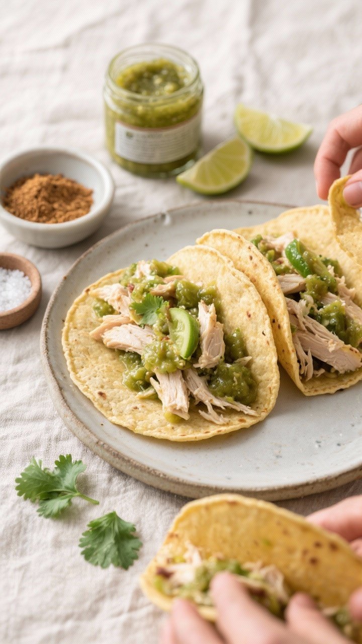 Overhead taco assembly scene: shredded salsa verde chicken piled into warm corn tortillas, juicy and saucy with visible tomatillo-green sheen; small bowls of jarred salsa verde, ground cumin, lime wedges (one freshly squeezed), and a pinch bowl of kosher salt nearby; a few cilantro leaves optional for color but focus on the verde; casual weeknight vibe on a neutral linen.