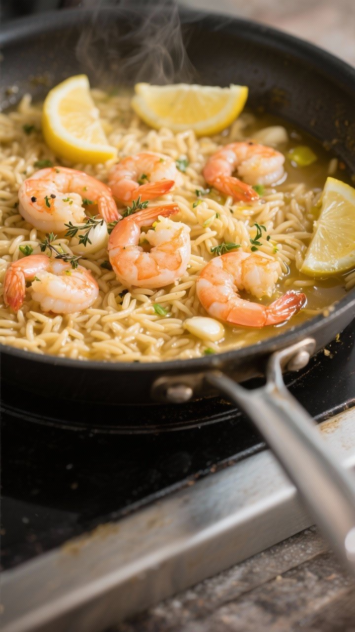 Process-focused 45-degree angle shot of One-Pan Lemon-Garlic Shrimp With Orzo: golden orzo simmering in low-sodium chicken broth with minced garlic, dried oregano, salt, and black pepper; shrimp just added on top, turning pink and glossy; lemon wedges and zest visible, a final glug of olive oil catching the light; cooked in a stainless skillet on the stovetop, gentle steam, tight composition emphasizing brothy sheen and tender grains.
