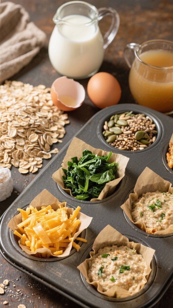 Process-focused overhead ingredient shot for savory oatmeal cups: rolled oats, shredded cheddar, chopped spinach, mixed seeds, two cracked eggs, milk, and a small jug of low-sodium broth arranged in tidy piles around a muffin tin lined with parchment squares; batter partially filled in a few wells to show assembly; warm directional light highlighting hearty textures.