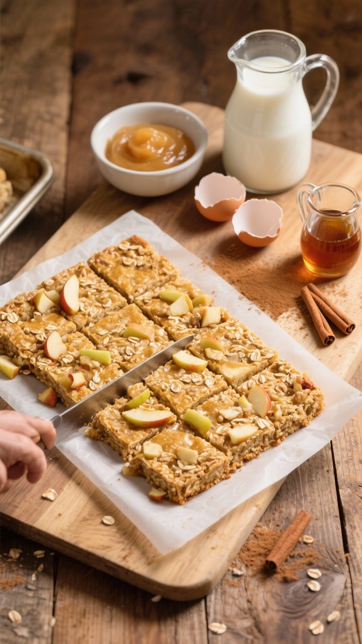 Process-oriented overhead flat lay of sheet-pan apple cinnamon oatmeal squares just out of the oven: a golden, uniform slab on parchment with knife marks as it’s being cut into squares; visible diced apple pieces and oat texture across the surface; a small bowl of unsweetened applesauce, a jug of milk, two cracked eggshells, and a tiny pitcher with maple syrup arranged to the side; light dusting of cinnamon on the board; warm, rustic mood with a wooden surface to emphasize grab-and-go practicality.