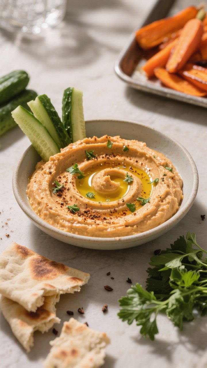 Process-to-plate dip scene at 45 degrees: a shallow bowl of silky roasted carrot hummus (carrots roasted with olive oil, ground coriander, cumin, salt, and black pepper) swirled and finished with a glossy olive oil drizzle, cumin dusting, and chopped herbs. Surround with herby dippers: cucumber spears, torn pita, and parsley. Include a small tray of roasted carrot slices in the background to hint at the method; warm, sunlit tones.