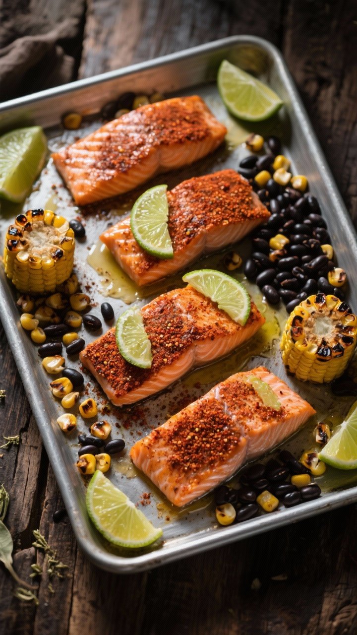 Sheet pan overhead process shot of Chili-Lime Salmon: four skin-on salmon portions rubbed with chili powder, ground cumin, smoked paprika, garlic powder, kosher salt, brushed with fresh lime juice and a touch of olive oil; alongside charred corn kernels and black beans scattered on the same pan, lime wedges tucked in the corners, a faint char visible on corn, warm moody lighting to emphasize spices, metal sheet pan on a rustic wooden table.