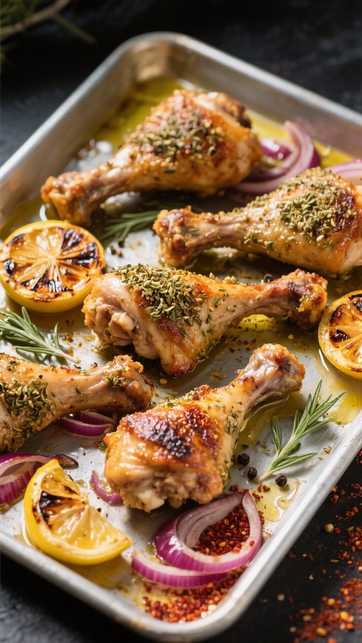 Sheet-pan overhead: za’atar-dusted bone-in drumsticks/thighs roasted until blistered, with charred lemon halves and thinly sliced red onions tossed with sumac; hints of ground cumin and black pepper visible on the chicken; olive oil gloss across the pan, scattered herb sprigs; high-contrast overhead light for crispness and spice detail.